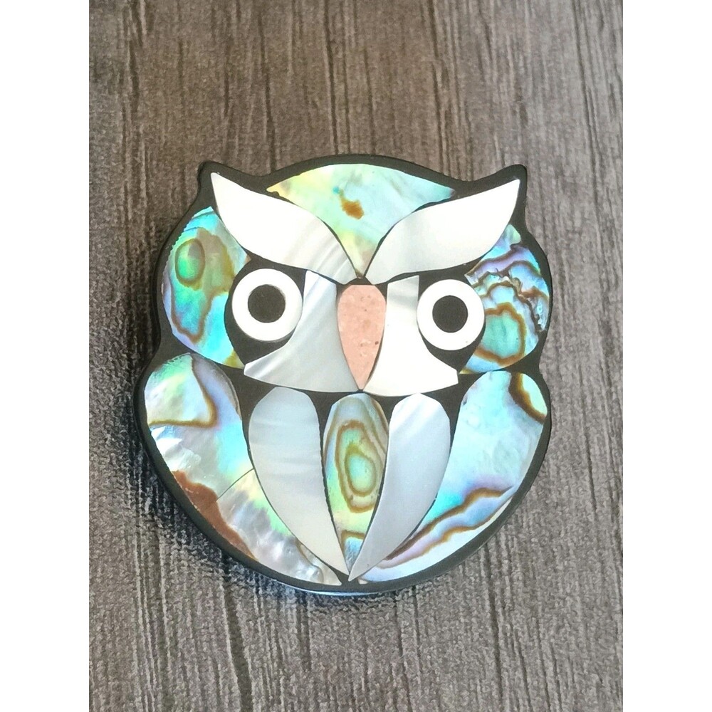 Glacier Pearle Owl Mother Of Pearl Abalone Black Inlay Vintage Brooch